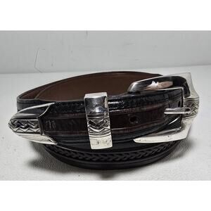 Onyx By Brighton Leather Belt 36 Black/Brown Braided Pinion Hills Inlay 12200